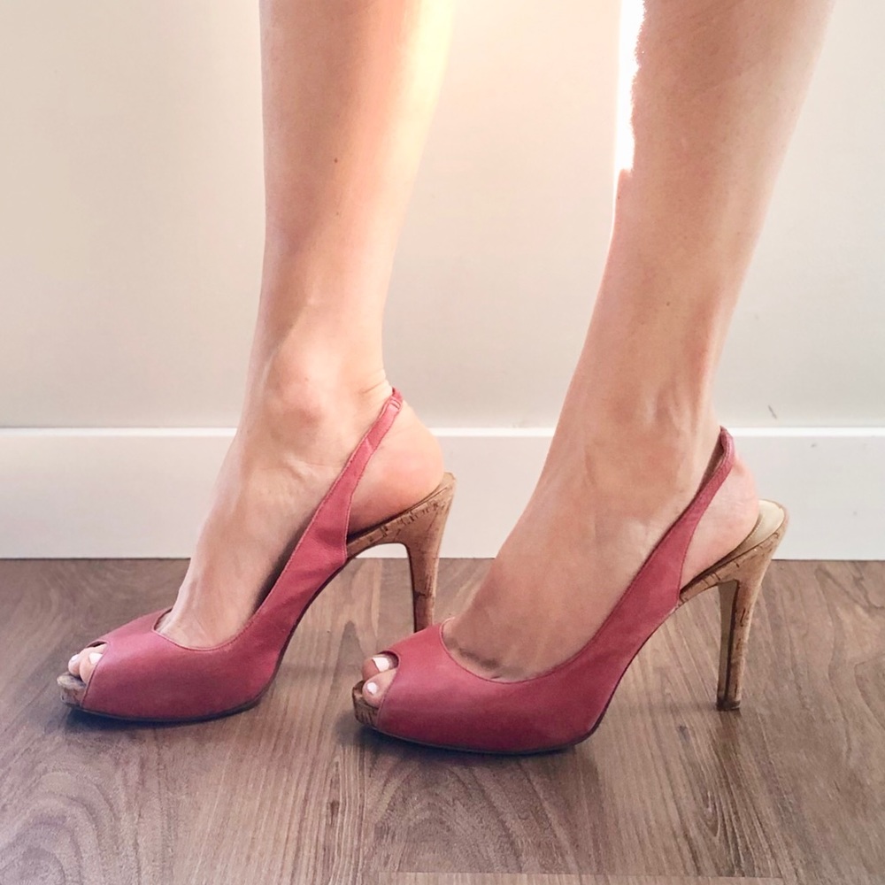 guess pink leather and cork sling back heels